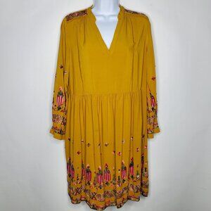 Floret Womens Mustard Yellow Embroidered Long Sleeve Babydoll Dress Size M Boho
